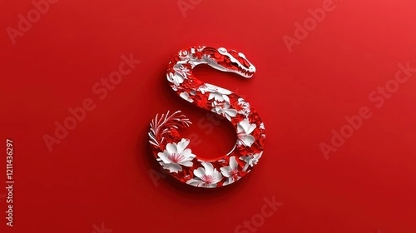 Fototapeta Chinese New Year Snake Zodiac Symbol with Floral Patterns and Asian Elements in Traditional Paper Cut Style Vector Illustration - Year of the Snake