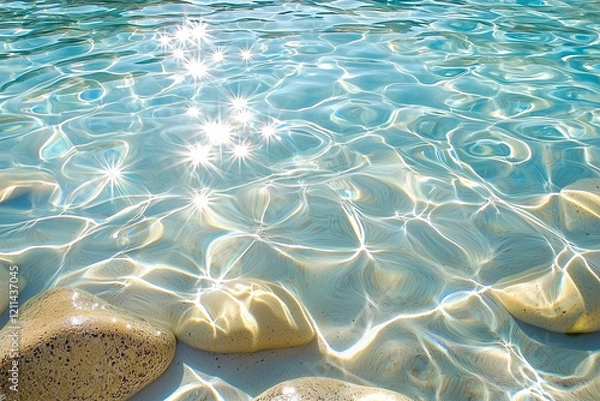 Fototapeta crystal clear water flowing over smooth river rocks, sunlight creating sparkles on the surface, low angle shot, natural movement, pristine quality. vacations