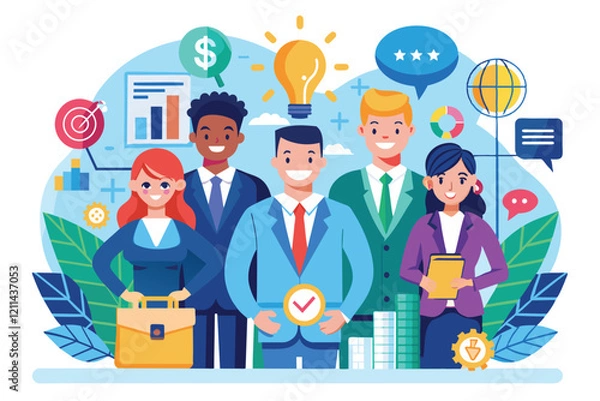 Obraz Finance leaders work together, sharing ideas and insights with innovative tools in a collaborative setting Finance leaders Customizable Flat Illustration
