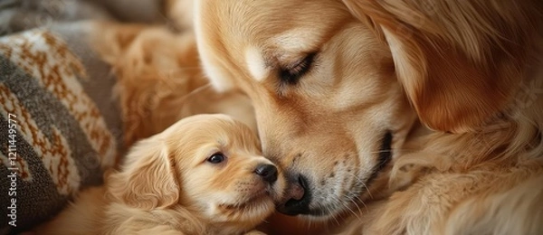 Fototapeta Pet parenting concept. A heartwarming moment of a golden retriever and its adorable puppy cuddling together.