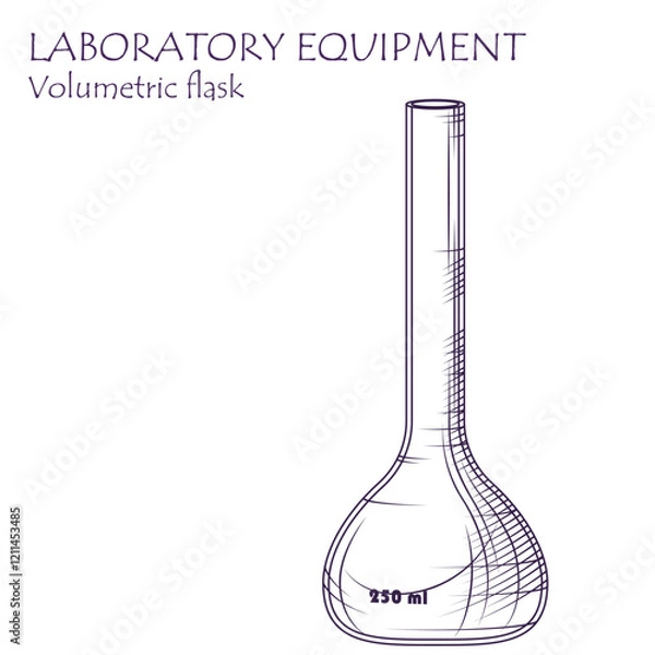 Fototapeta Laboratory equipment. Vector illustration of Volumetric flask in sketch style. Glassware flask isolated on white. Chemistry, experiment, science concept.