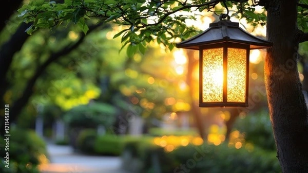 Fototapeta A serene lantern glows softly amid trees, casting warm light in a peaceful garden during sunset.