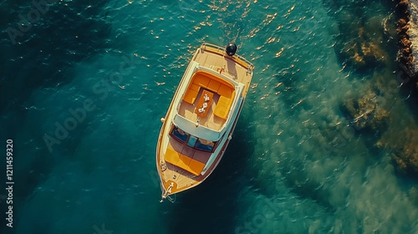 Fototapeta Aerial view of a motorboat with an orange deck floating on clear water.