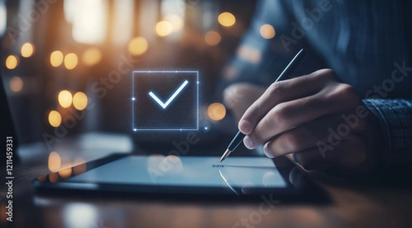 Obraz person working on a laptop, Digital Workflow with Stylus on Tablet and Holographic Checkmark in a Professional Setting