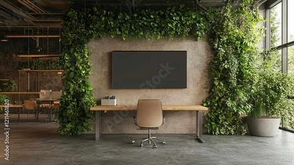 Fototapeta Computer all-in-one with a blank screen front in industrial loft green ecological office interior, Generative AI