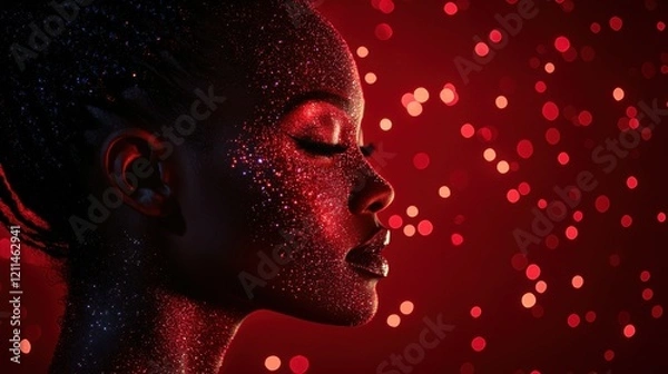 Fototapeta Sparkling Portrait of Woman with Shimmering Glitter Against Red Background