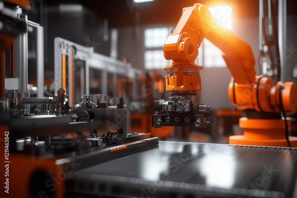 Fototapeta Assembly production conveyor with robotic arms background..