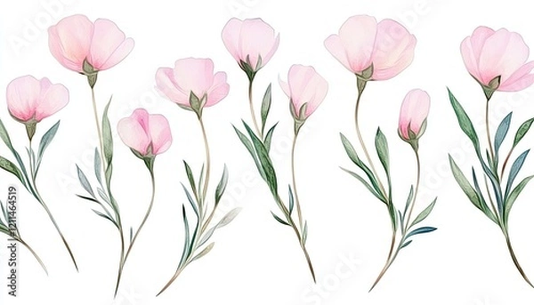 Fototapeta A delicate arrangement of soft pink flowers with green leaves, set against a white background, ideal for invitations