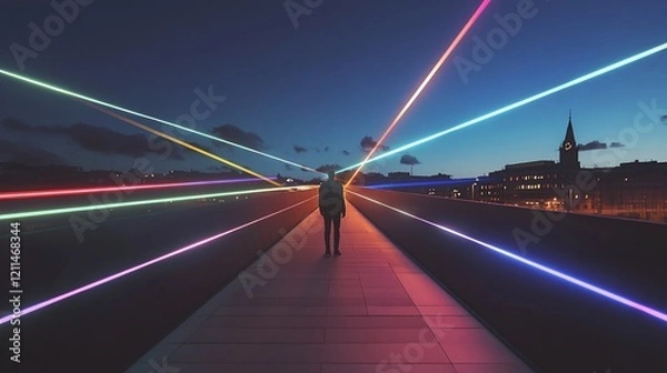 Fototapeta Surreal composition of a person standing on an empty urban bridge illuminated by beams of colored light.