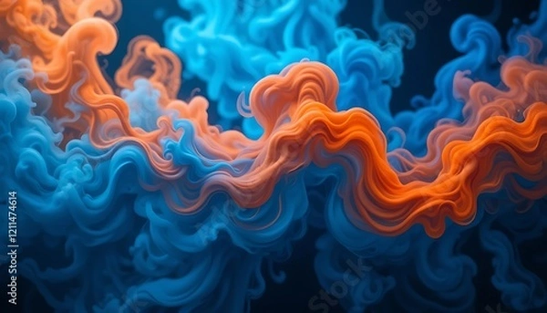 Fototapeta Abstract swirling vibrant blue and orange ink in water, mesmerizing fluid art, dynamic color mixing, captivating visual effects, mesmerizing artwork, beautiful background, artistic expression