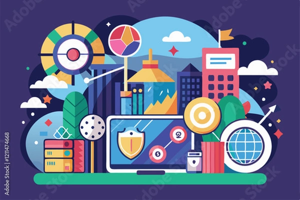 Fototapeta A vibrant digital display showcases various elements of technology amidst a city background Goal Customizable Disproportionate Illustration