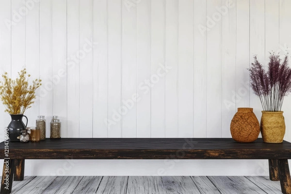 Fototapeta Rustic wooden table decorated with vases and jars on a light wooden background