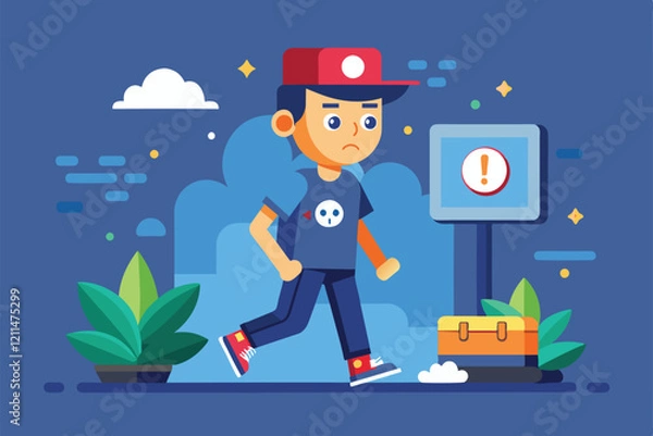 Fototapeta A boy strolls past a notification sign in a colorful and playful outdoor environment Going offline Customizable Semi Flat Illustration