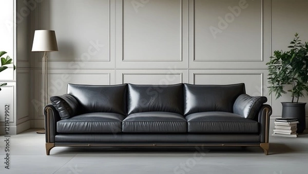 Fototapeta Chic Dark Sofa Set in a Minimalist Room, Perfect for a Luxurious and Cozy Atmosphere