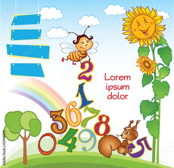 Fototapeta Cartoon kid template with Numbers and smiling sun