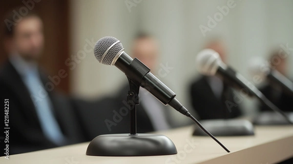 Fototapeta Press Conference Podium: A close-up shot of microphones on a table in a conference room, with blurred figures of people in the background, suggestive of an important announcement or press briefing.  