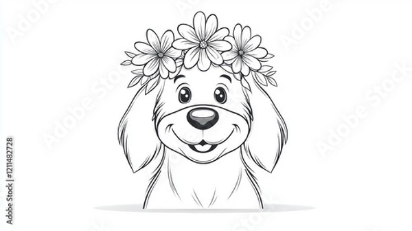Obraz Adorable Dog with Flower Crown in Playful Black and White Illustration
