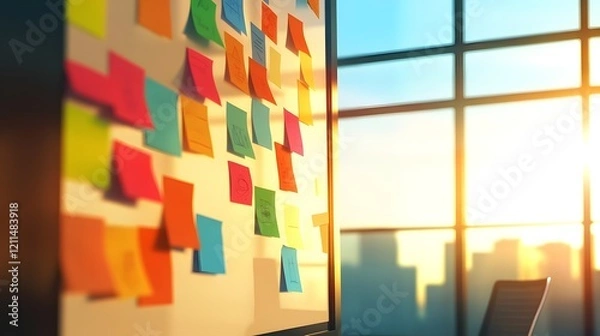 Fototapeta Professionals Brainstorming New Strategies on Colorful Whiteboard in Warm Sunlit Office