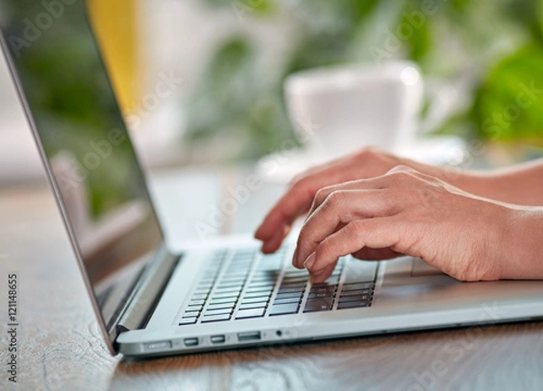 Fototapeta Woman's hands on the keyboard of her laptop computer. Working on