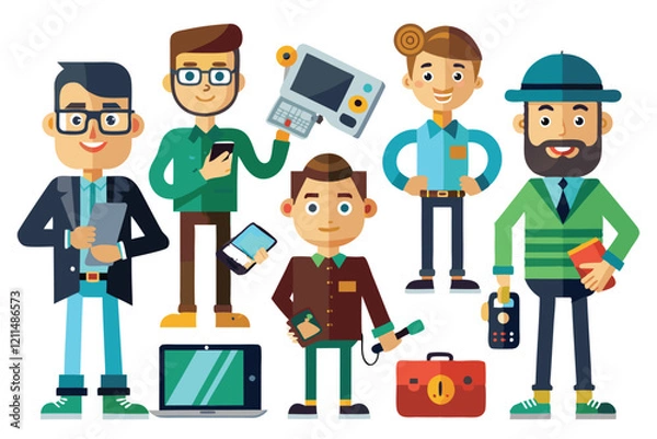 Fototapeta Cartoon characters interact with multiple devices, showcasing technology in a colorful, engaging environment Guys with devices, Cartoon flat vector collection isolated on white background