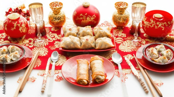 Fototapeta Dumplings served on a red plate with chopsticks and festive Chinese New Year decorations