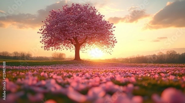 Obraz Serene Sunset: A Pink Blossom Tree in a Field of Petals