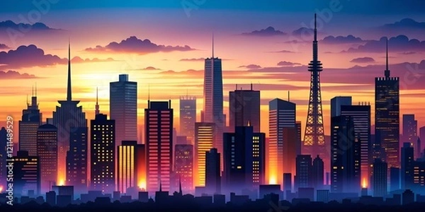 Fototapeta Modern Urban Skyline at Night with Illuminated Skyscrapers and a Stunning Cityscape View