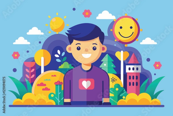 Fototapeta A young boy smiles joyfully in a vibrant landscape filled with sunshine and colorful plants Happiness Customizable Semi Flat Illustration