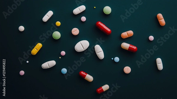 Fototapeta Pill Abstract: An assortment of colorful pills and capsules scattered on a dark blue surface, creating an abstract and visually striking pattern.  