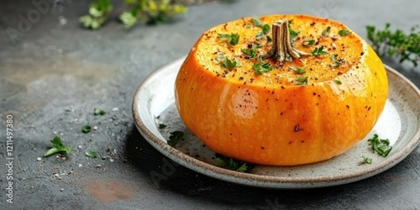 Fototapeta Vibrant roasted pumpkin on a rustic porcelain plate with scattered herbs and spices against a textured dark background with ample copyspace