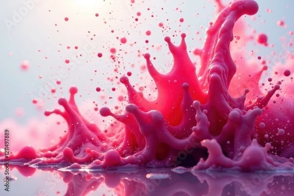 Fototapeta Water paint splashes create a colorful explosion in the air with defocused pink and red colors, art, particles, splash