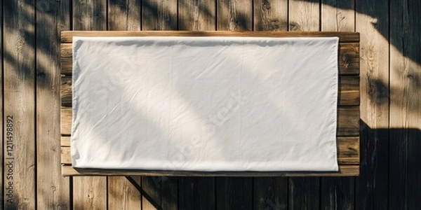 Fototapeta Aerial view of a rustic wooden table with a white tablecloth centered on it surrounded by warm wooden tones ample space for text display
