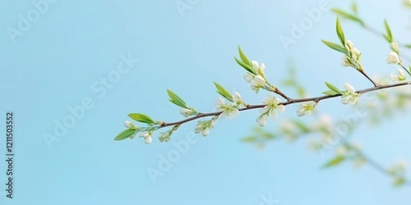 Fototapeta Willow branch with delicate green leaves and white blossoms against a soft pastel blue sky, creating a serene spring atmosphere with ample copy space.