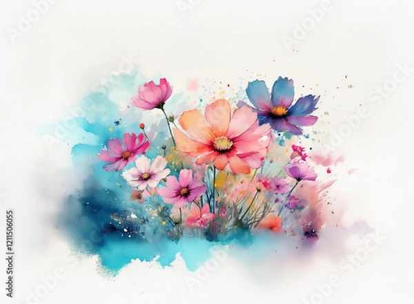 Fototapeta A vibrant watercolor painting of cosmos flowers in various pastel shades against a soft, blue and teal watercolor background.  The flowers are depicted with delicate brushstrokes,