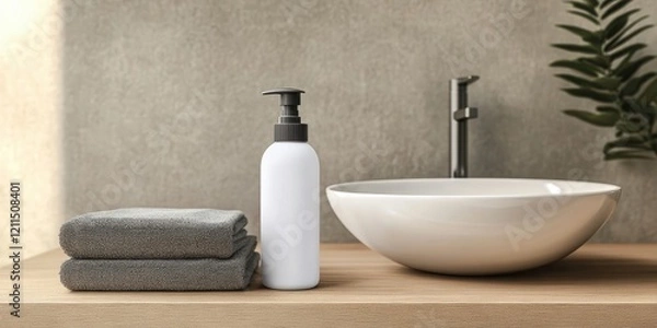 Obraz White cosmetic bottle beside two grey towels on a wooden countertop with a white vessel basin in a beige bathroom setting, minimalistic design