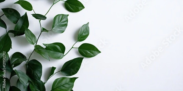 Fototapeta Lush green leaves elegantly arranged on the left side of a clean white backdrop for a fresh and modern wallpaper design.
