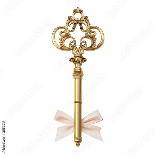 Fototapeta Vintage Decorative Key with Bow Isolated on Transparent Background
