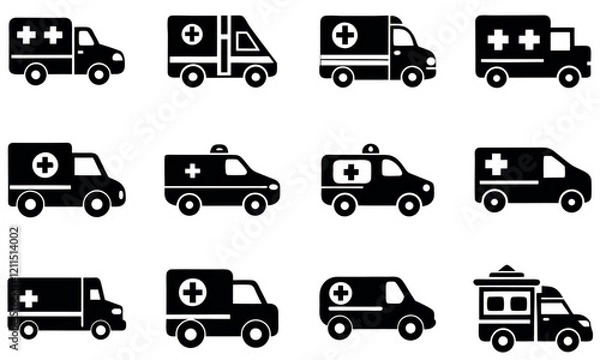 Obraz Ambulance Icon Set - Black Silhouette Emergency Vehicle Graphics