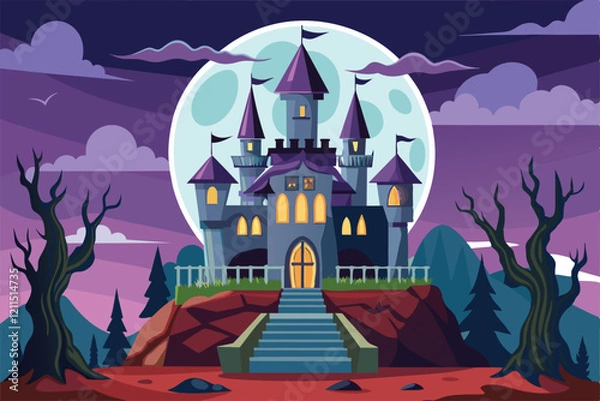 Obraz A haunting castle is set against a large full moon, surrounded by eerie trees in a dark landscape Horror castle Customizable Semi Flat Illustration