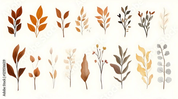 Fototapeta Autumnal leaf collection; various branches, twigs & foliage; white background; design elements