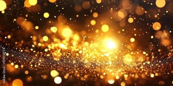 Fototapeta Golden sparkling background with glittering golden orbs and shimmering light effects creating a vibrant, festive atmosphere in the center.