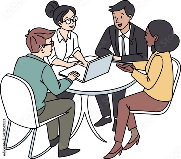 Fototapeta Partners meeting for business discussion with documents and laptop on desk. Couple at round table, speaking, discussing work, partnership. Flat vector on a white background