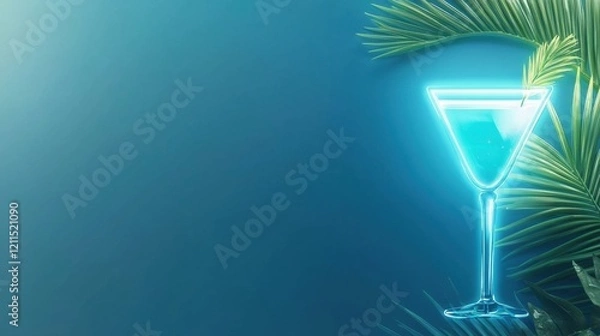 Obraz Neon Light Sign with Palm Leave Blue neon sign with a cocktail glass icon glowing against a deep blue backdrop, with realistic palm leaves and water droplets adding a refreshing, tropical touch.