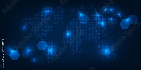 Obraz Vector illustrations of blue hexagonal network pattern on world map.Futuristic technology background.