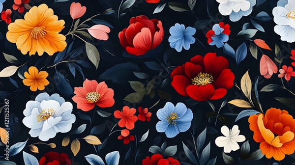 Fototapeta Dark background floral pattern, vibrant flowers, design textile, website, wallpaper