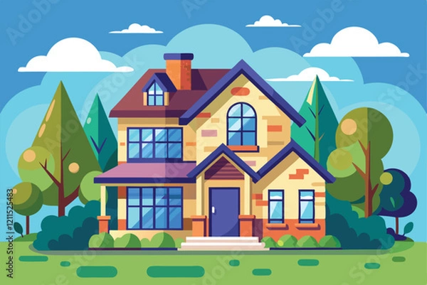 Fototapeta A charming house is set amidst trees and clouds, showcasing vibrant colors and modern design elements House restyling Customizable Semi Flat Illustration