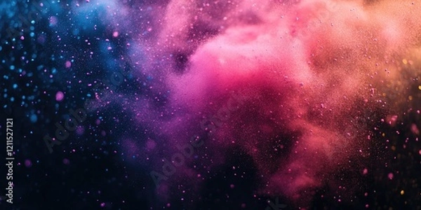 Fototapeta Colorful abstract powder explosion with vibrant pink, purple, and blue hues blended against a dark background showcasing dynamic motion and texture.