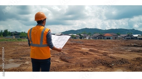 Fototapeta Developer Looking At Land Plot Map Generative AI