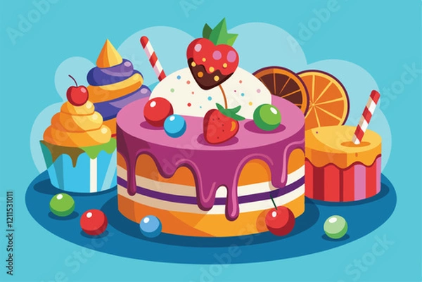 Fototapeta A vibrant ice cream cake is decorated with cherries, strawberries, and surrounded by playful cupcakes Ice cream cake Customizable Disproportionate Illustration