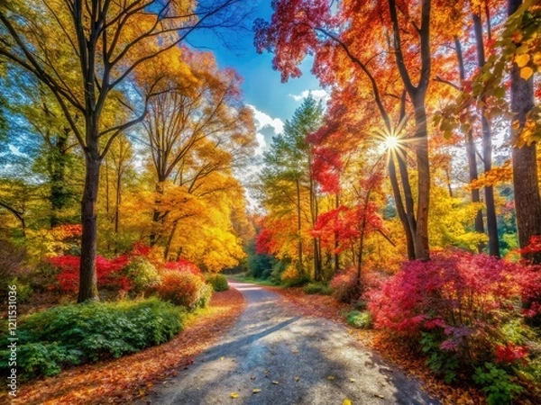 Fototapeta Panoramic autumn woods path: a scenic walking trail framed by vibrant bush walls. Nature's autumnal masterpiece.